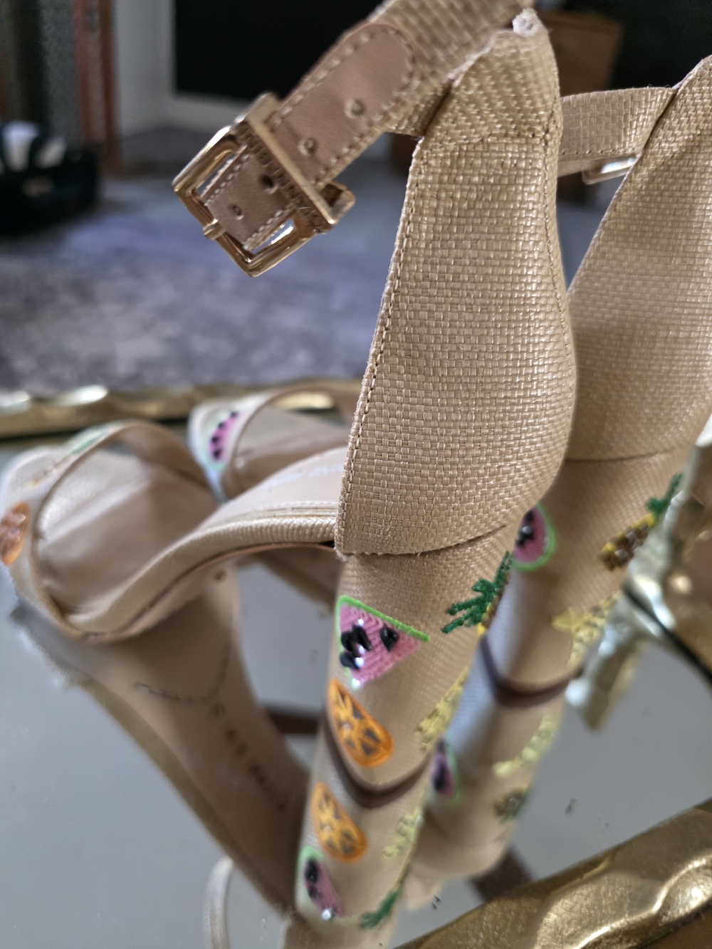Gianni Bini Neutral Embroidered Fruit Ankle-Strap Heels - Picture 2 of 2